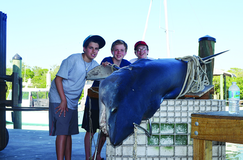 Sam Von Duhn, Ryan Roberts, and Tony Musca of Bay View, Ohio, show off the 692-pound mako shark they caught during a Double Nickel Charters fishing trip with their families, off Longboat Pass.