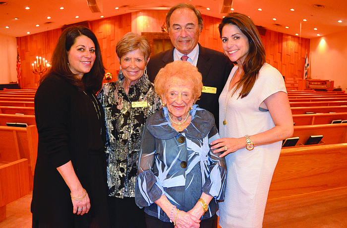 Florence Katz, 98, center, with Karen Bokor, Judith Vigder, Robert Vigder and Cheryl Brause at a Feb. 23 tribute and fundraiser held in Katz's honor by the Temple Beth Israel Men's Club.