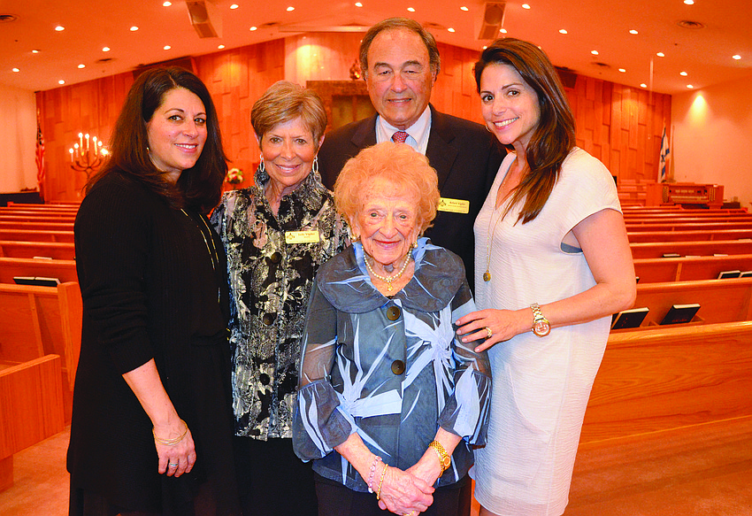 Florence Katz, 98, center, with Karen Bokor, Judith Vigder, Robert Vigder and Cheryl Brause at a Feb. 23 tribute and fundraiser held in Katz's honor by the Temple Beth Israel Men's Club.
