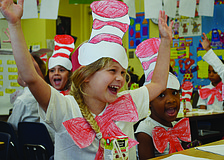 Julianne Teague sings the "Green Eggs and Ham" song during Felice Tannen's kindergarten class's celebration of Dr. Seuss' birthday at Bay Haven School of Basics Plus.