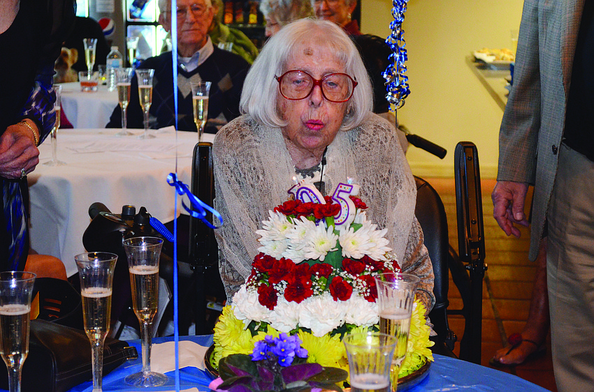 Charlotte Zwick celebrates her 105 birthday at Bahia Oaks Lodge. She rode her new scooter, which was an early birthday present from family, into the dining room where guests sang and swapped stories.