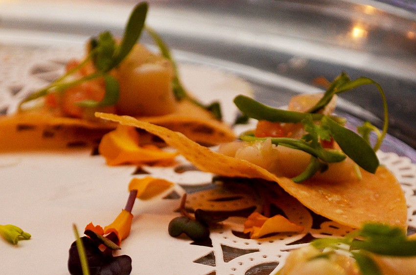 Shrimp, squid and scallops tossed with avocado, tomatoes, cilantro, lemon-lime honey vinaigrette in a miniature tortilla shell were served as the first course. Pairings: Halter Ranch, Rose Paso Robles, California and Leffe Blonde, Brussels, Belgium