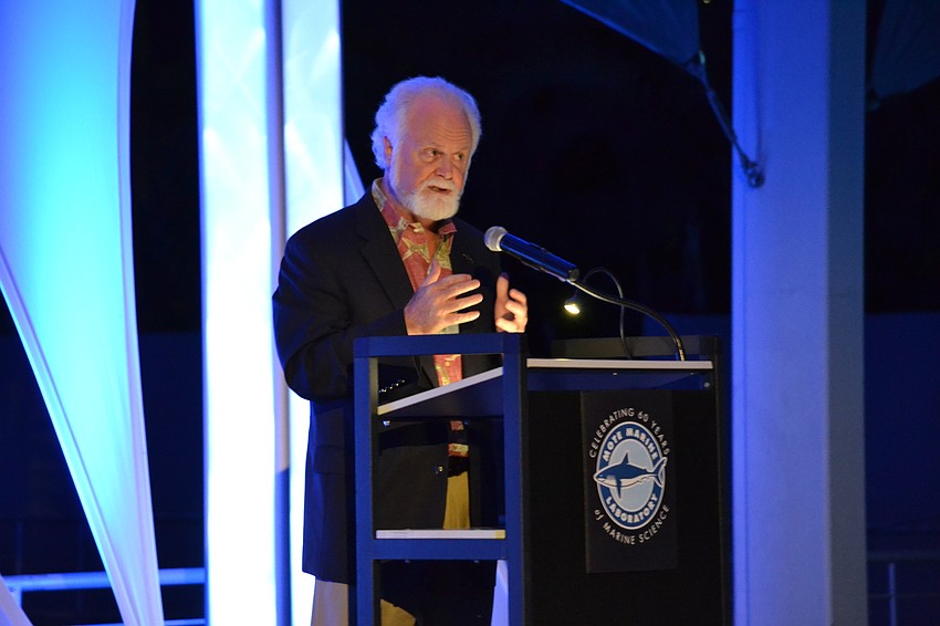 Michael Crosby, president and CEO of Mote Marine Laboratory & Aquarium addresses guests at the anniversary celebration.