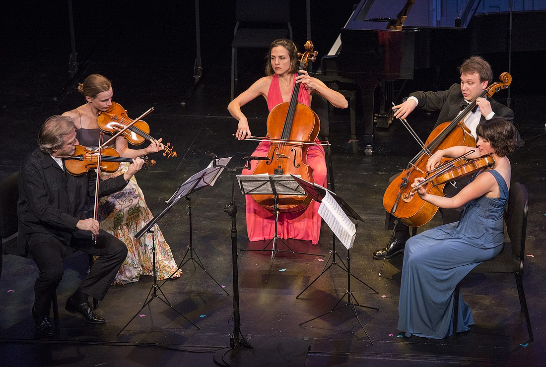 Federico Agostini, violin; Laura Zarina, violin; Julie Albers, cello; Dmitri Atapine, cello; Rebecca Albers, viola. Photo by Cliff Roles