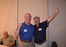 Jerry Cronin and Paul Ahem cheer on the Patriots.