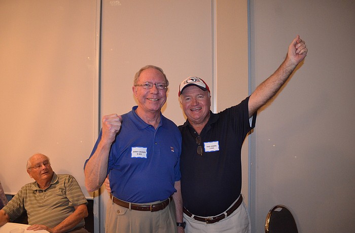 Jerry Cronin and Paul Ahem cheer on the Patriots.