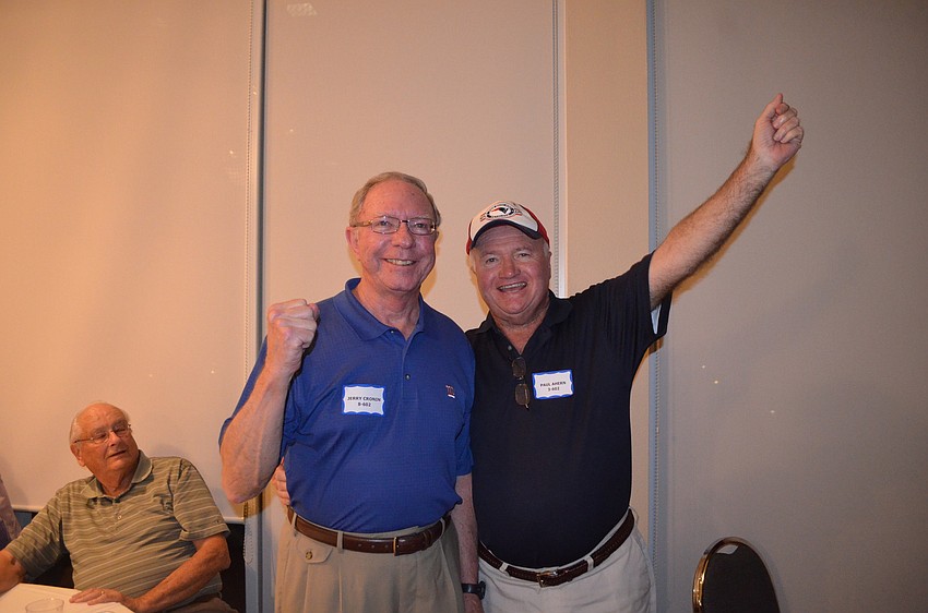 Jerry Cronin and Paul Ahem cheer on the Patriots.