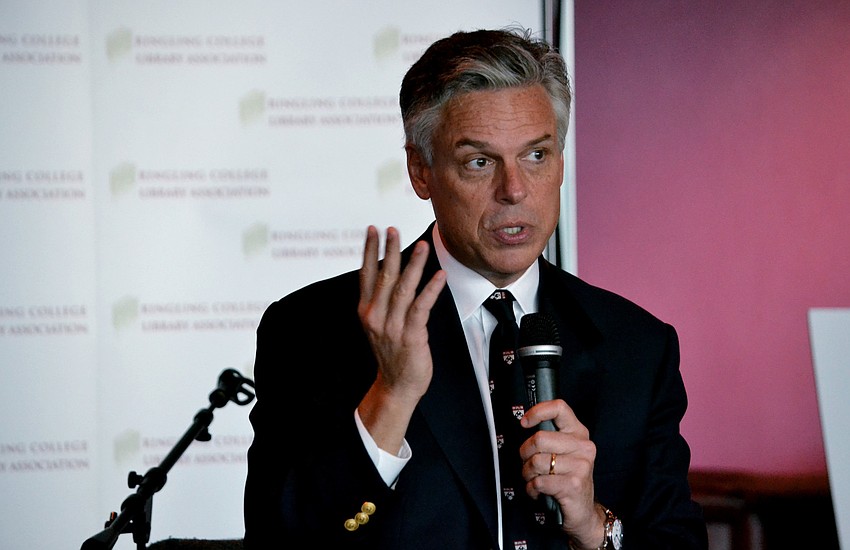 Jon Huntsman answers questions during the Q & A portion of the luncheon for the Ringling College Library Association Town Hall Lecture Series.