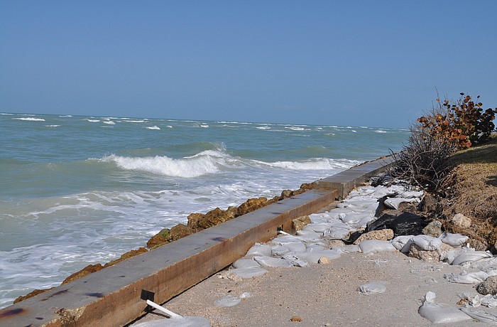 Construction of two groins is under way at the eroded north-end beach.