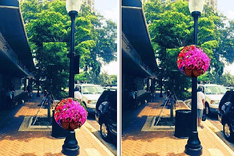 The DID has created this mockup of two of the options for light pole flower basket placement, and wants residents to weigh in on their favorite option.