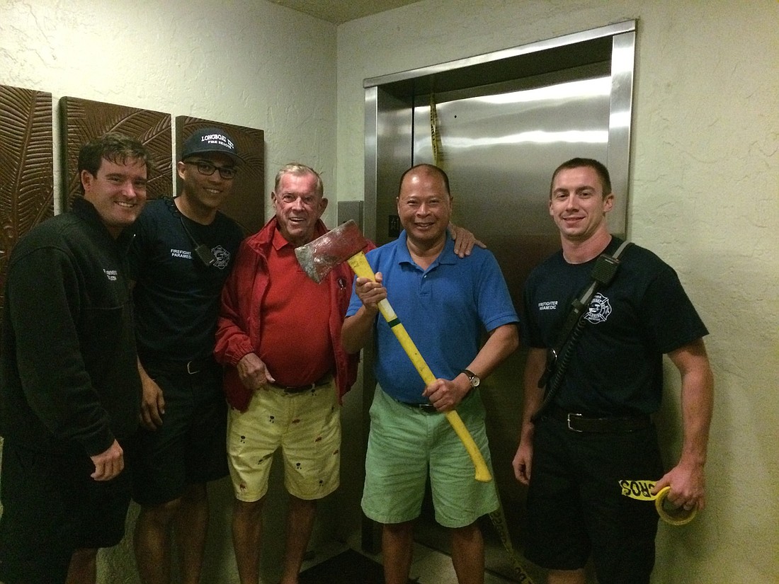 Firefighter Paramedics Brian Kolesa and Tirso Guerrero with Marvin Kocian and Dean Congbalay. Courtesy photo