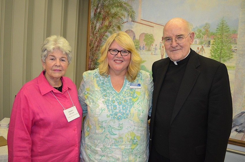 Womenâ€™s Guild President Eileen Hassel, Keynote speaker Connie Taft and Msgr. Gerry Finegan
