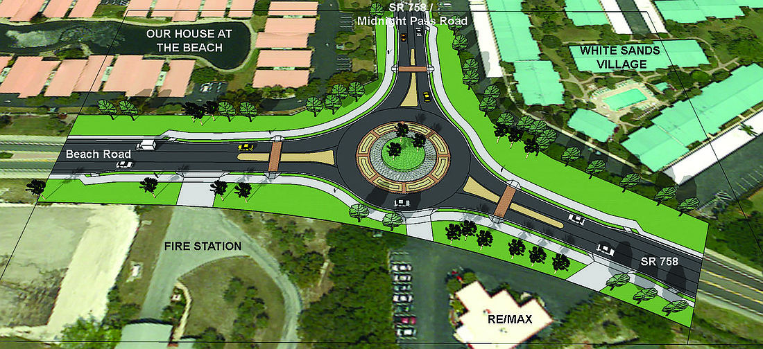 The Florida Department of Transportation said a roundabout at Midnight Pass and Beach roads could make the intersection safer. Courtesy rendering