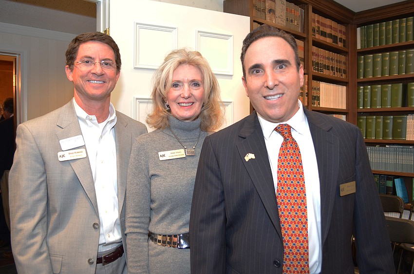 Brad Robbins, Anne Virag and West Coast Florida Regional Director, Brian Lipton attend a preview party for the 2015 AJC Global Forum.