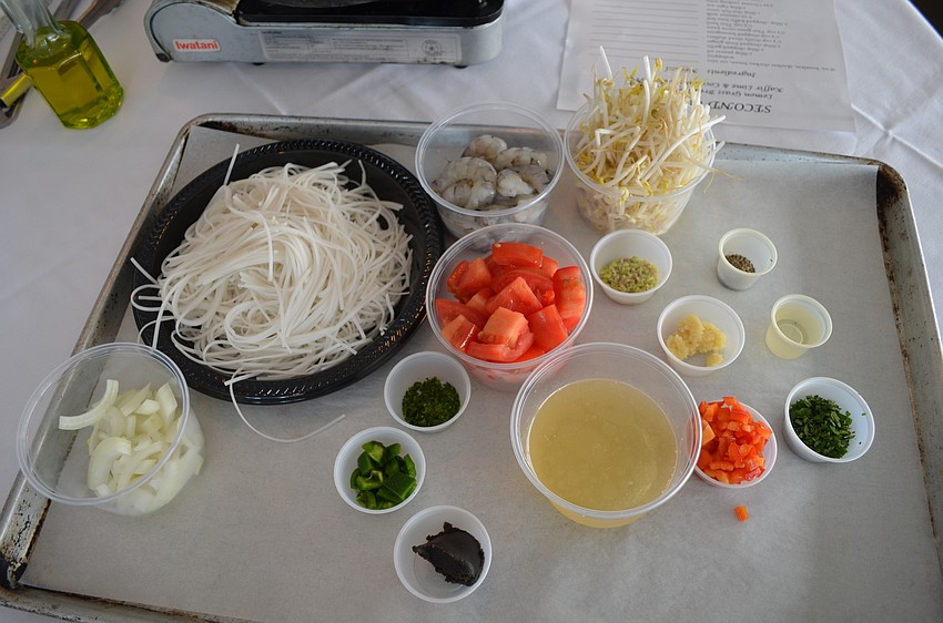 Guests were given ingredients for spicy mint noodles with shrimp.