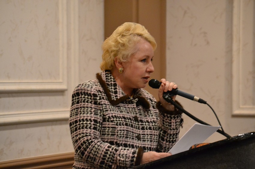 The Republican Womenâ€™s Club of Sarasota President, Carol Sawyet addresses members and guests.