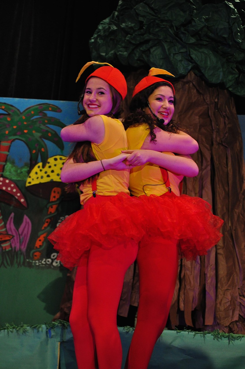 Alex Rogalski and Leianna Shepard, as Tweedle Dee and Tweedle Dum, get tangled up after shaking hands.