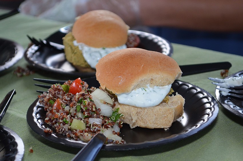 Malinâ€™s Falafel burger with Tzatziki sauce and quinoa tabbouleh was prepared by Chef Malin Parker with the Tatum Ridge Elementary students.