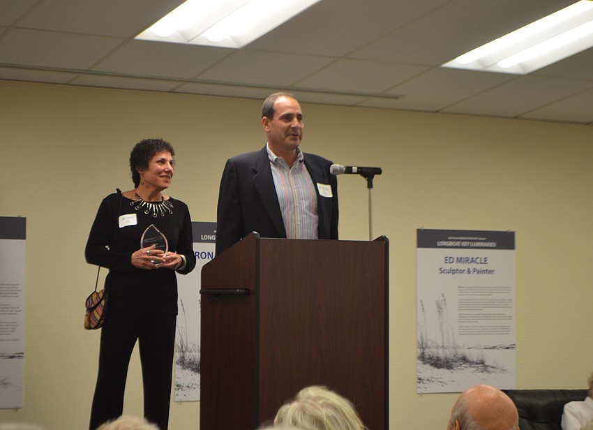 Ed Brickmanâ€™s children, Carol Diamant and Eli Brickman, accept Ed Brickmanâ€™s award. Brickman was the first AGELESS CREATIVE honored posthumously.