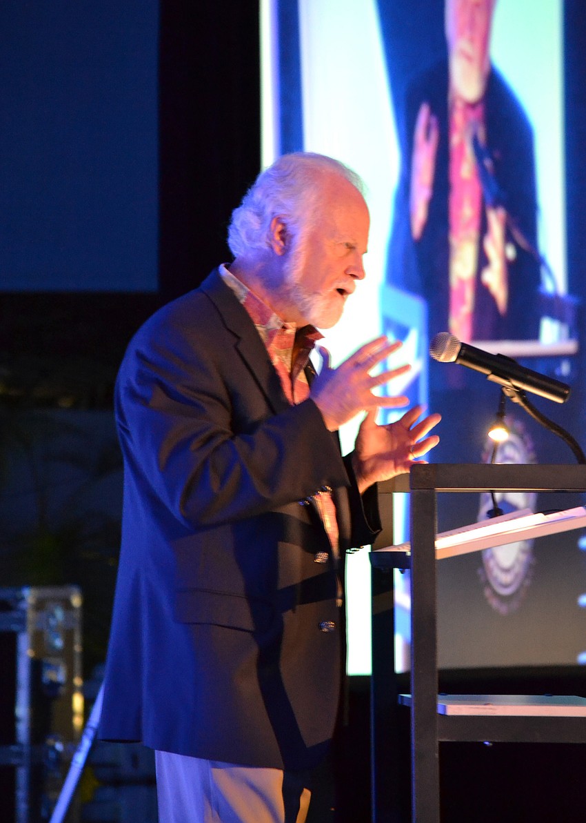 Michael Crosby, president and CEO, of Mote Marine Laboratory and Aquarium addresses guests at the anniversary celebration.