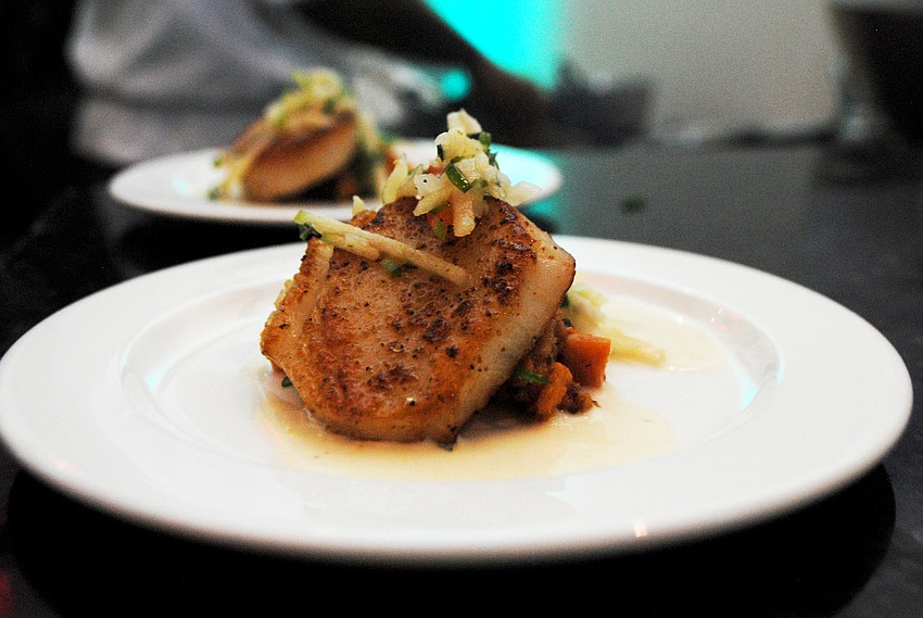 Mattisonâ€™s sea scallops sweet potato-bacon hash, jicama-apple slaw, lemon butter