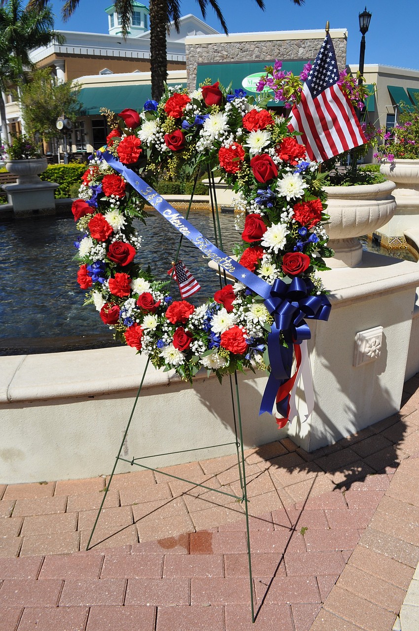 A wreath honoring fallen first responders is on display.