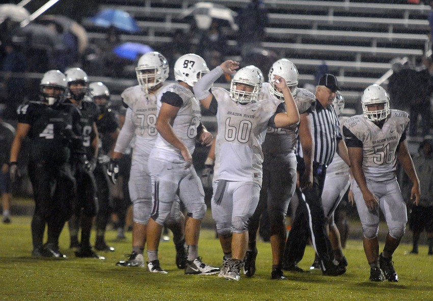 Braden River offensive lineman Zach Cole reacts as the final seconds tick off of the clock during the Pirates 21-6 victory over district rival Lakewood Ranch Sept. 19.