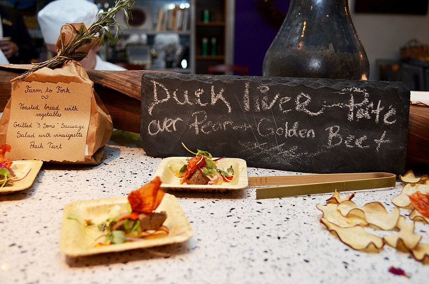 Duck liver pate over pear golden beat