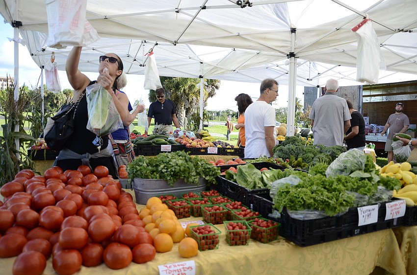 Amanda Beers, a Sarasota resident, browses produce at the Brown's Grove tent. She lives nearby and comes to the market often, she said.