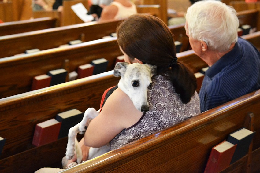 Jerusha Thacker embraces Ginger, an 8-year-old whippet during the pet blessing service.