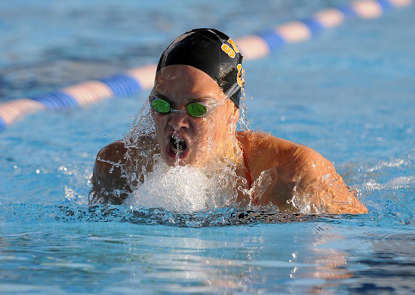 Sarasota sophomore Madison Tyle swims the breaststroke leg of the 200-yard individual medley during the Sarasota County Championships Oct. 8.