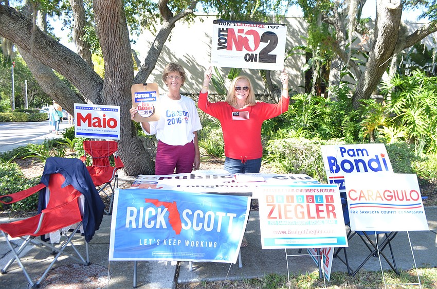 Alison Wilson and Phyllis Black, president of Longboat Key Republican Club campaign in front of Longboat Key Town Hall