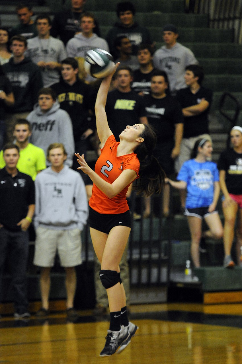 Sarasota senior Alexa Lawrence serves the ball for the Lady Sailors during their Class 7A-Region 3 semifinal match at Lakewood Ranch Nov. 4.
