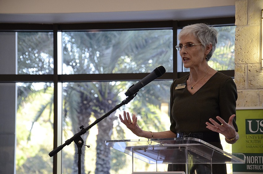 Dr. Sandra Stone, the new regional chancellor, spoke to a mixture of USFSM faculty, staff and board members at her reception.