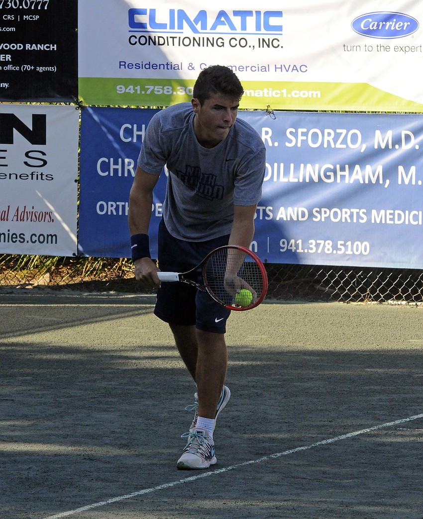 The University of North Floridaâ€™s Yannick Zuem prepares to serve during his opening doubles match versus Michigan.
