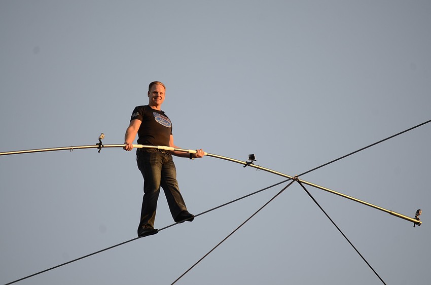 Nik Wallenda spoke to the crowd during his walk.