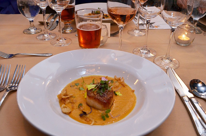 Curried pumpkin soup, cumin crusted sea scallop, toasted pumpkin seeds and crispy shallots were served as the second course. Pairings: Halter Ranch, Rose Paso Robles, California and Big Top Brewing Company, Circus City IPA, Sarasota, Florida
