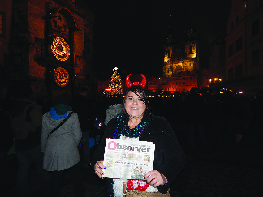 SANTA SIGHTING. Kimberly Kutch brought her East County Observer along for a tour of the European Christmas markets Dec. 5, the eve that St. Nicholas arrives in Old Town Prague.