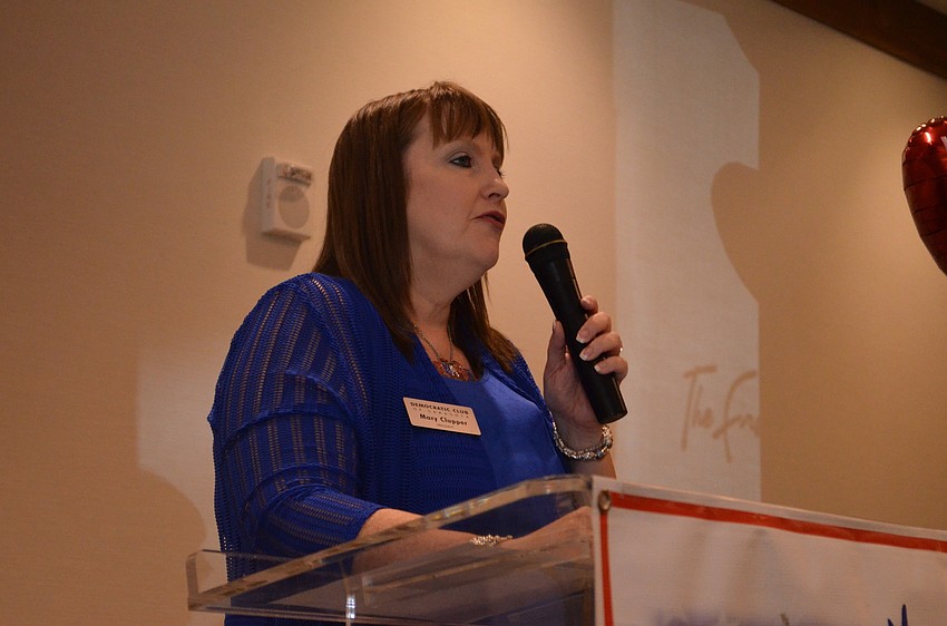 Democratic Club of Sarasota President, Mary Clupper addresses guests at the monthly meeting.