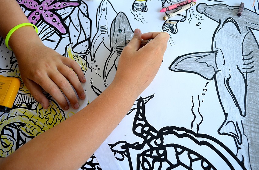 Connor Murphy, 9, colors in sharks and starfish during the festival.