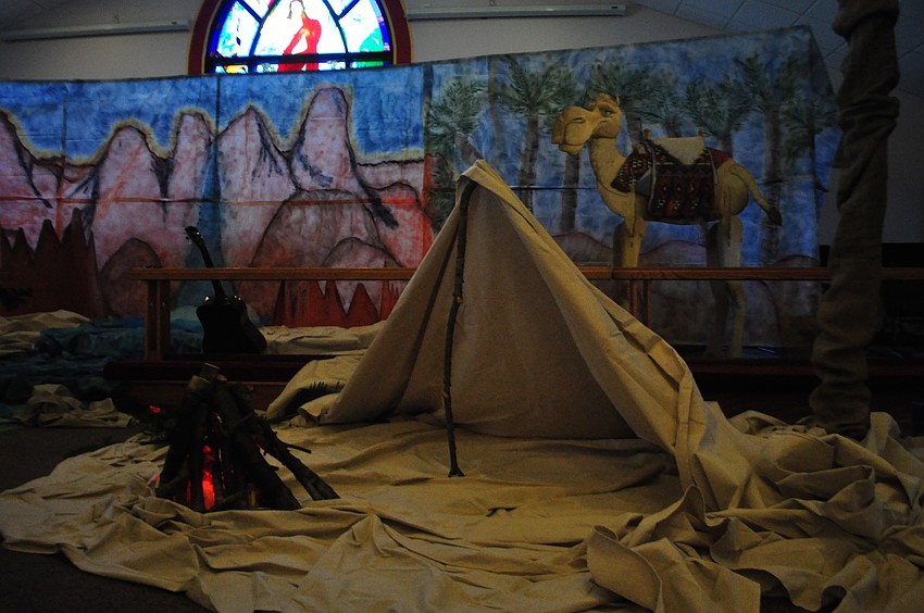 An elaborate set creates a feeling of being in Egypt.