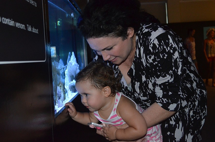 Alison Pollack helps granddaughter, Ava, see the cuttlefish.