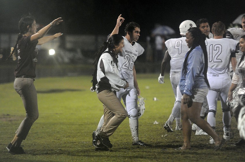 Braden River senior wide receiver Andrew Garcia reacts as the final seconds tick off of the clock, signaling his first victory over Lakewood Ranch.