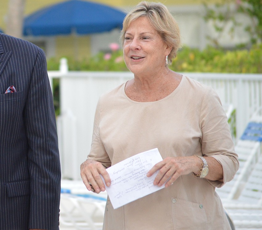 Gail Loefgren, president of the Longboat Key Chamber of Commerce, speaks to the crowd at the Wicker Inn Sept. 25.
