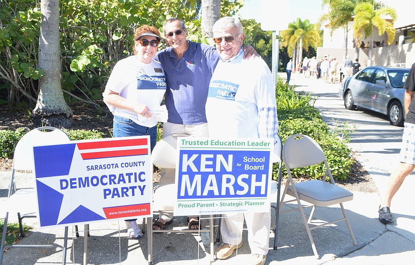 Arlene Skversky, Howard Veit and Murray Blueglass, president of Longboat Key Democratic Club campaign in front of Longboat Key Town Hall