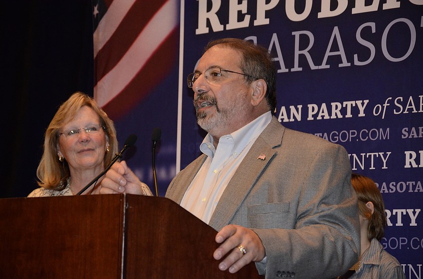 Candidate for Sarasota County Commission District 4, Alan Maio, delivers his victory speech to the Republican Party of Sarasota at the Hyatt Regency. He invited his family to stand with him.
