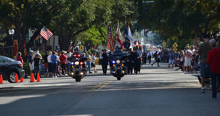 The start of the Veterans Day Parade down Main Street.