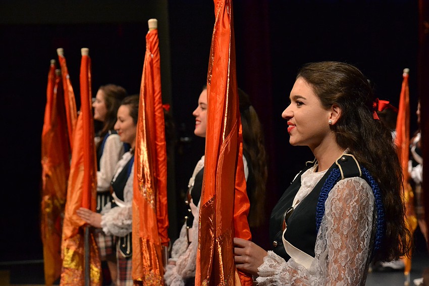 Kiltie Band color guard performed during a set by the Kiltie Marching Band.