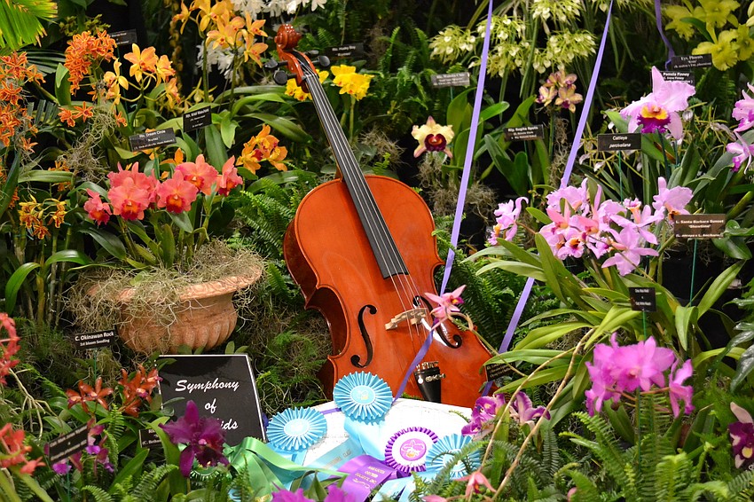 The display designed by Florida Suncoast Orchids that tries to capture the show theme of â€œA Symphony of Orchids.â€