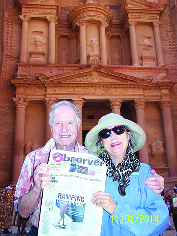TRAVEL COMPANIONS. Frank and Sharon Meier took their Observer along on a recent trip to Petra, Jordan.